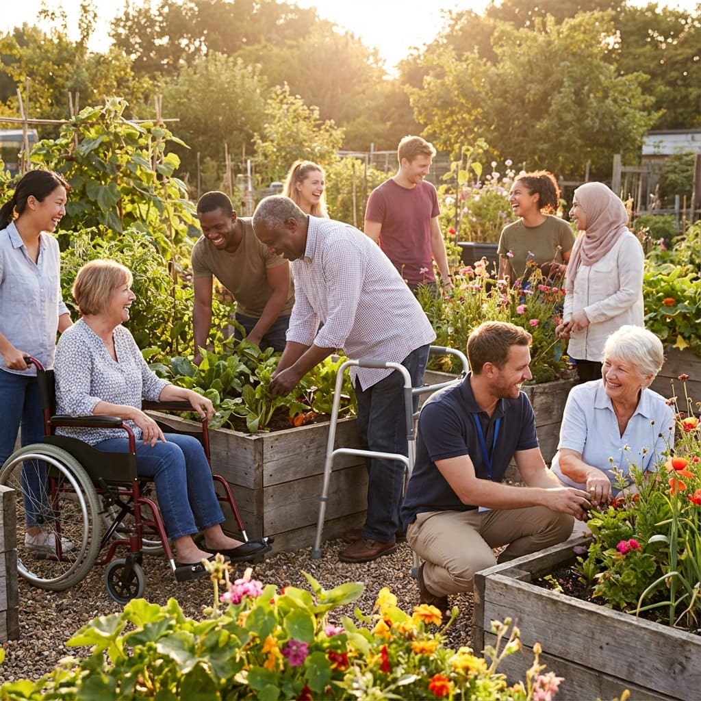 Diverse community members with and without disabilities participating together in a warm, welcoming outdoor community setting